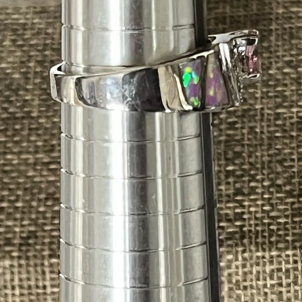 TRILLION-CUT SHIMMERY PINK OPAL-ACCENT PRE-LOVED AUTHENTIC BRASS-PLATED RING